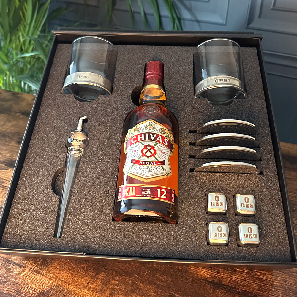 Whisky Triple Set 2- 2x Vouge Whisky Tumblers, Whisky Pipette, Whisky Stones, 4x Pewter Coasters