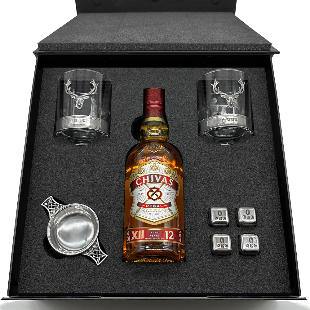 Luxury Whisky Gift Set Includes Bottle, 2.5" Pewter Quaich, Whisky Stones Set & 2 Stag 11oz Whisky Tumblers