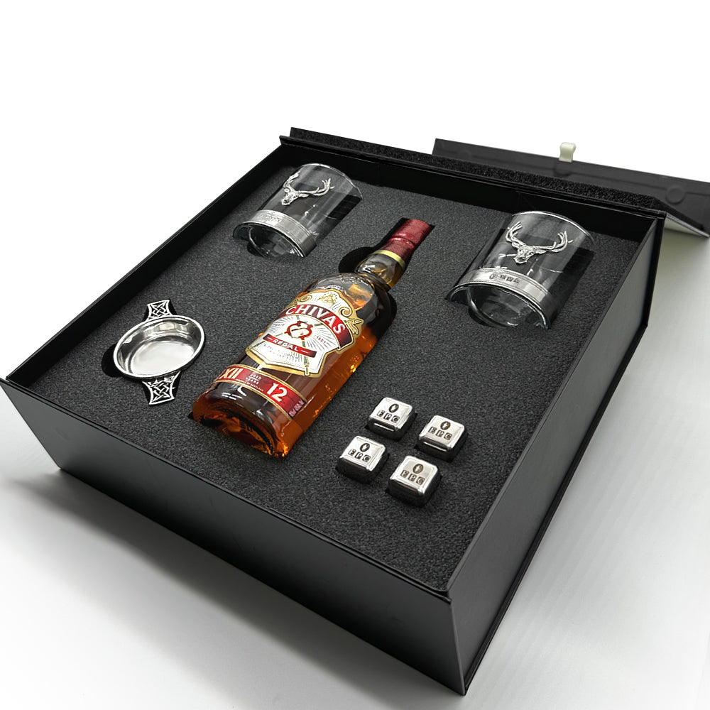 Luxury Whisky Gift Set Includes Bottle, 2.5" Pewter Quaich, Whisky Stones Set & 2 Stag 11oz Whisky Tumblers