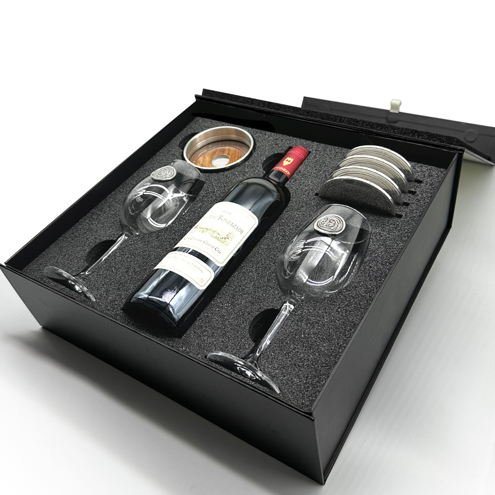 Luxury Wine Gift Set Includes Bottle, 2 Personalised Wine Glasses, Pewter Wine Bottle Coaster &amp; 4 Pewter Coasters