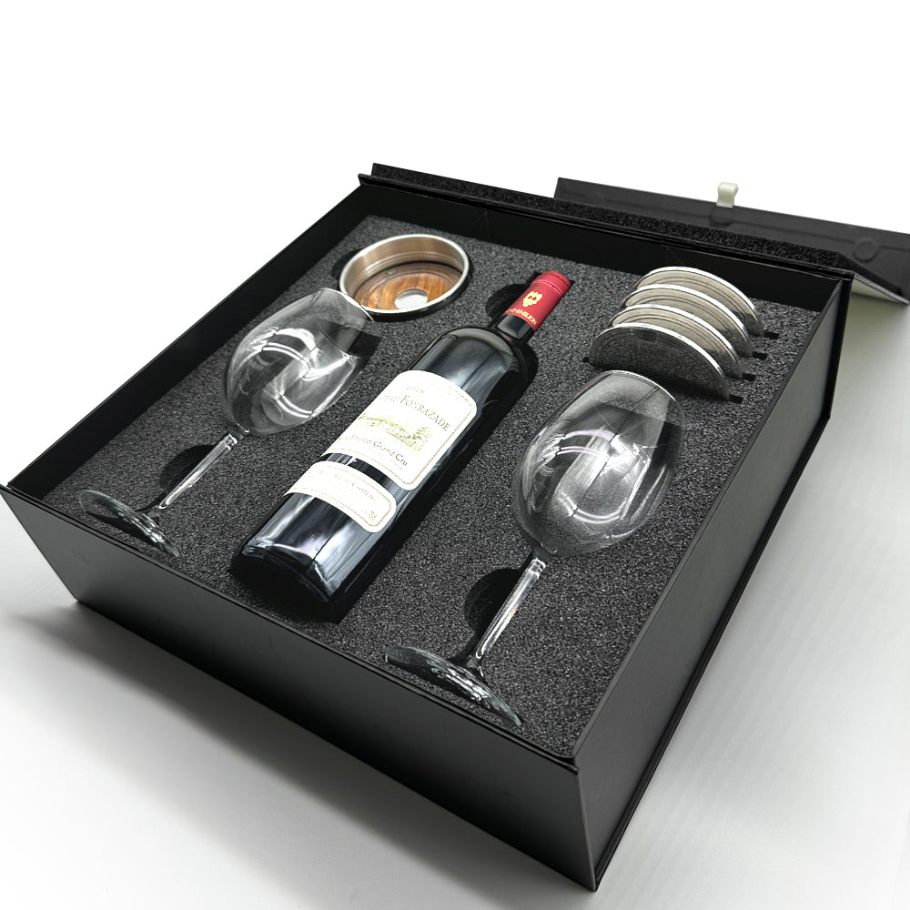 Luxury Wine Gift Set Includes Bottle, 2 Wine Glasses, Pewter Wine Bottle Coaster &amp; 4 Pewter Coasters