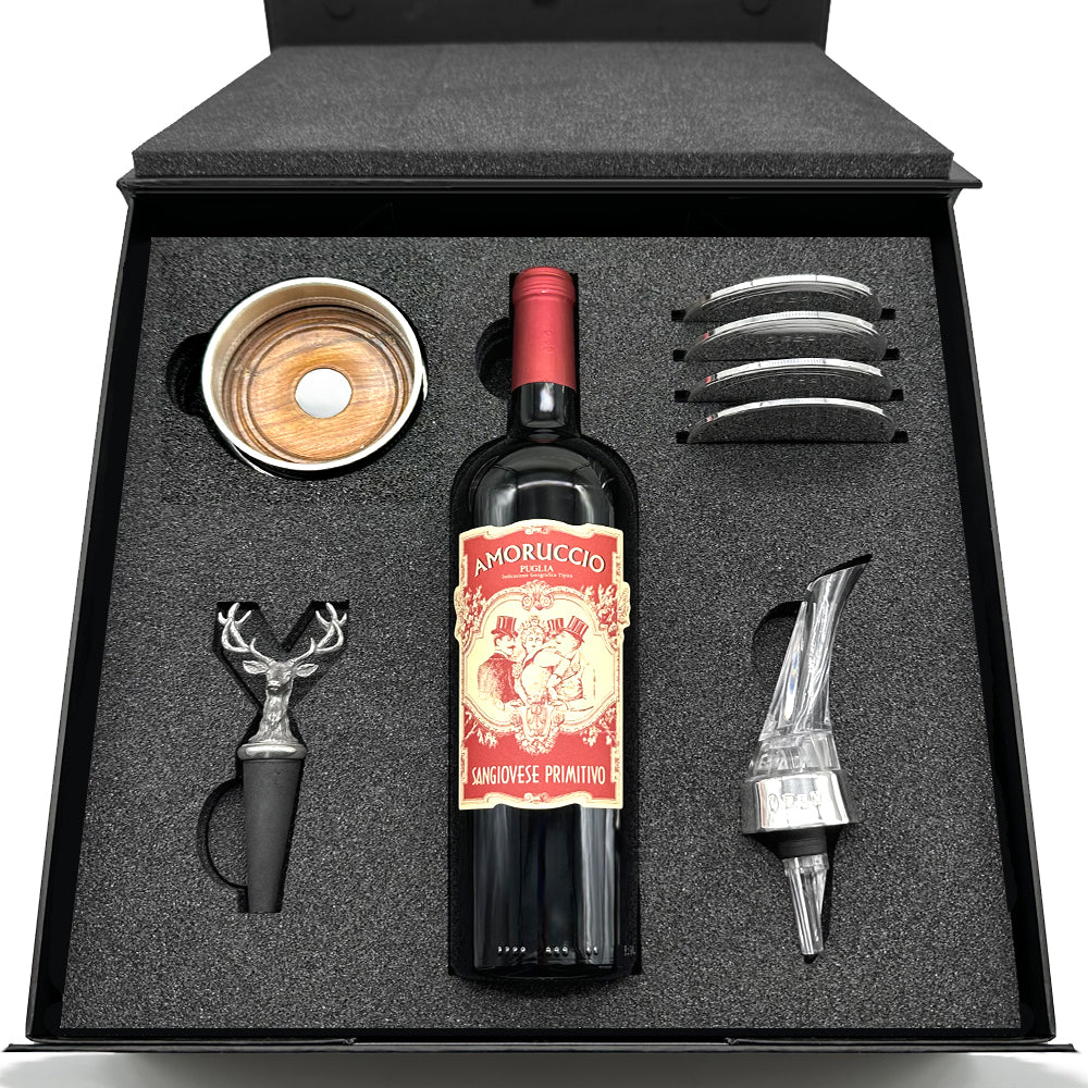 Luxury Wine Gift Set Includes Bottle, Wine Aerator, Pewter Wine Bottle Coasters, 4 Pewter Coasters &amp; Stag Wine Bottle Stopper