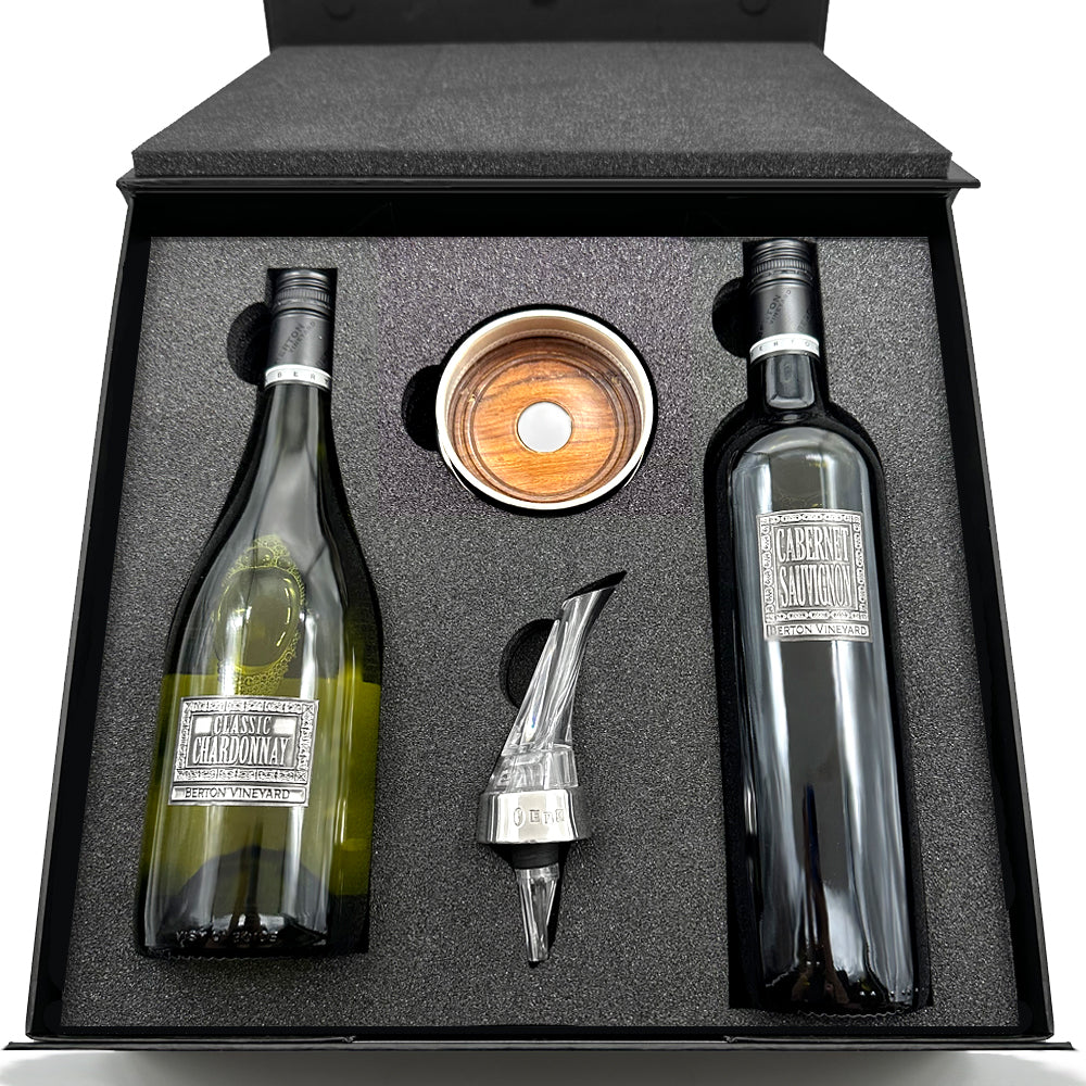Luxury Wine Gift Set Includes Vineyard Chardonnay, Vinyard Cabernet Sauvignon, Wine Aerator & Pewter Wine Bottle Coaster