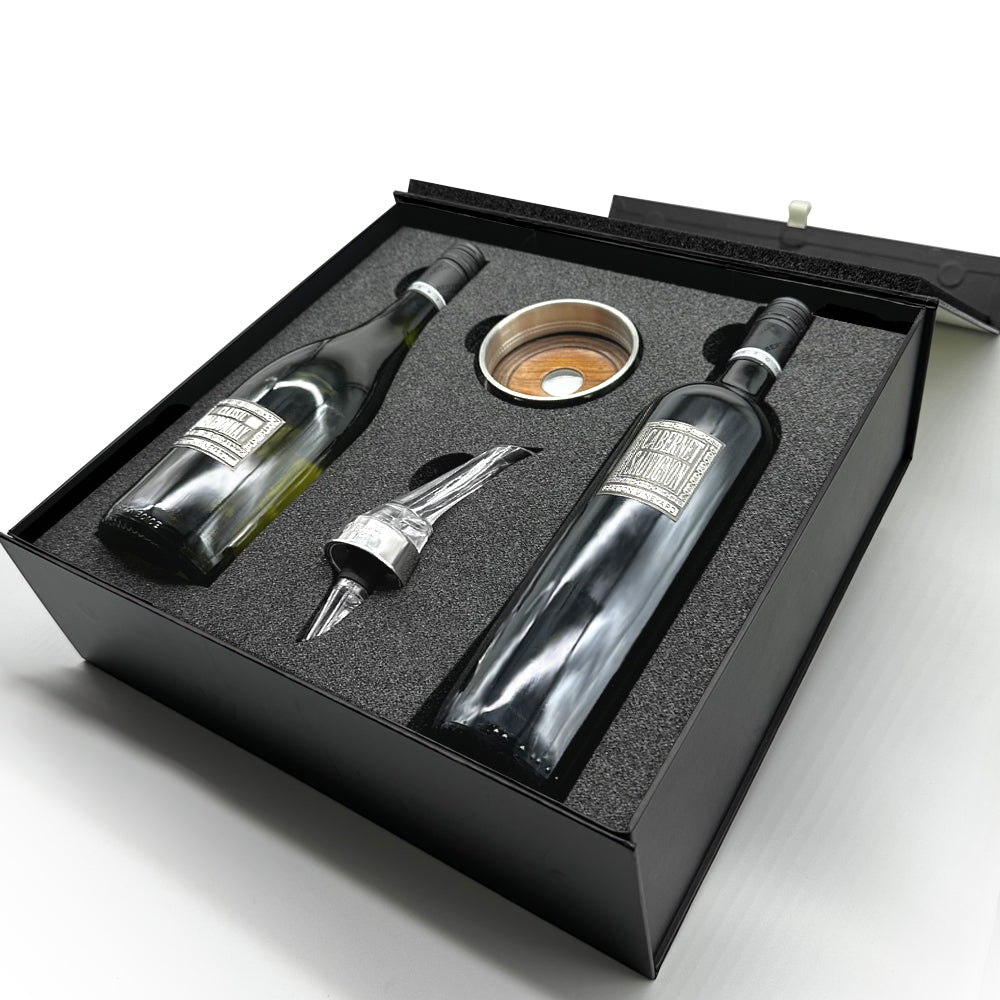 Luxury Wine Gift Set Includes Vineyard Chardonnay, Vinyard Cabernet Sauvignon, Wine Aerator & Pewter Wine Bottle Coaster