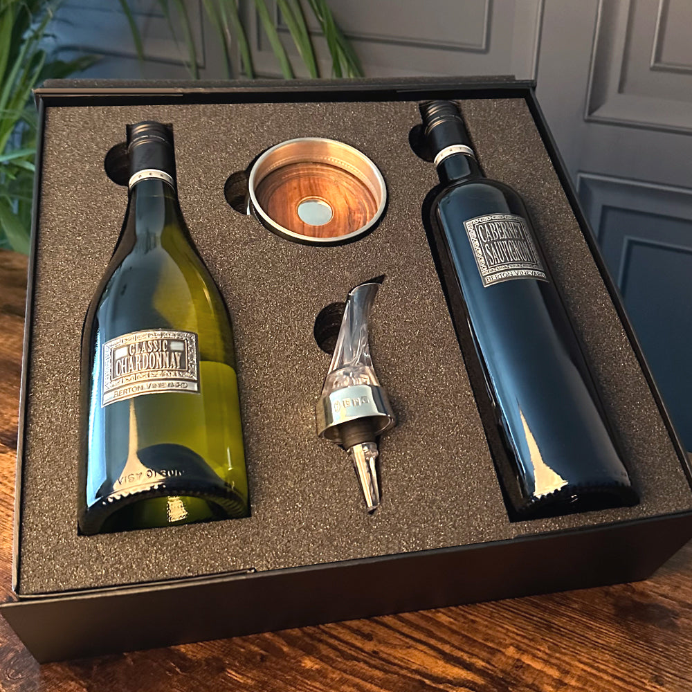 Luxury Wine Gift Set Includes Vineyard Chardonnay, Vinyard Cabernet Sauvignon, Wine Aerator & Pewter Wine Bottle Coaster