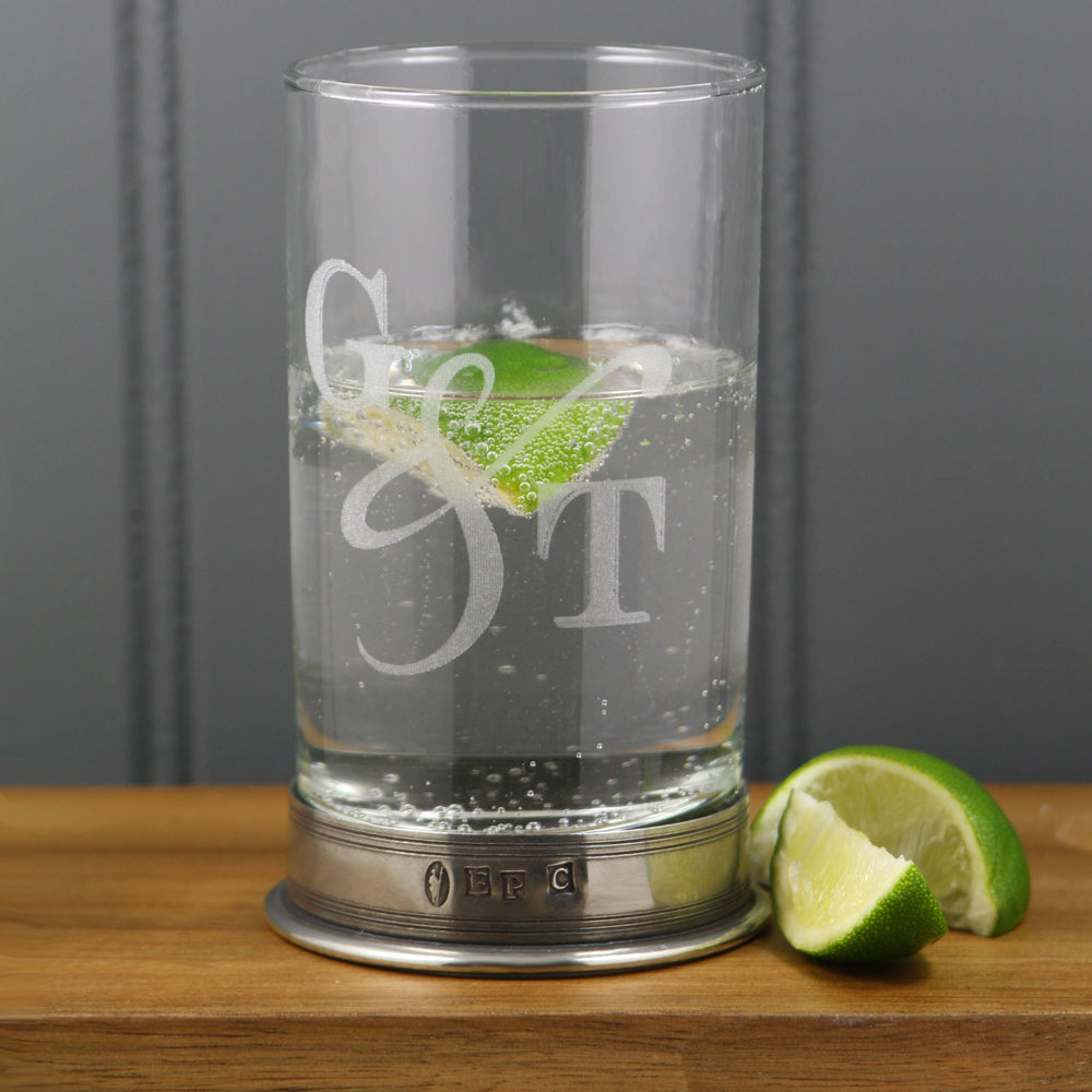 &quot;G &amp; T&quot; Highball Gin Glass with Pewter Base