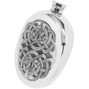 6oz Oval Sporran Pewter Hip Flask with Intricate Celtic Design