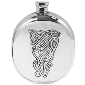 6oz Oval Sporran Pewter Hip Flask with Intricate Celtic Serpent Design