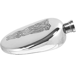6oz Oval Sporran Pewter Hip Flask with Intricate Celtic Serpent Design