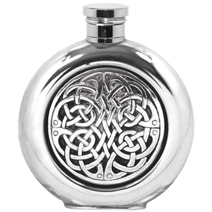 4oz Round Pewter Hip Flask with Celtic Knot Badge