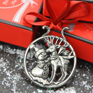 Snowman and Rudolph Christmas Tree Pewter Ornament Bauble Decoration
