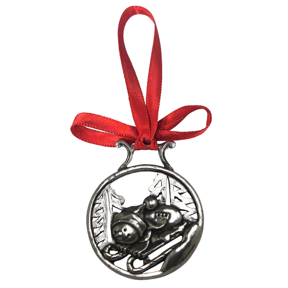 Pupazzo di neve che slitta sull&#39;albero di Natale Ornamento in peltro Decorazione con ghiera