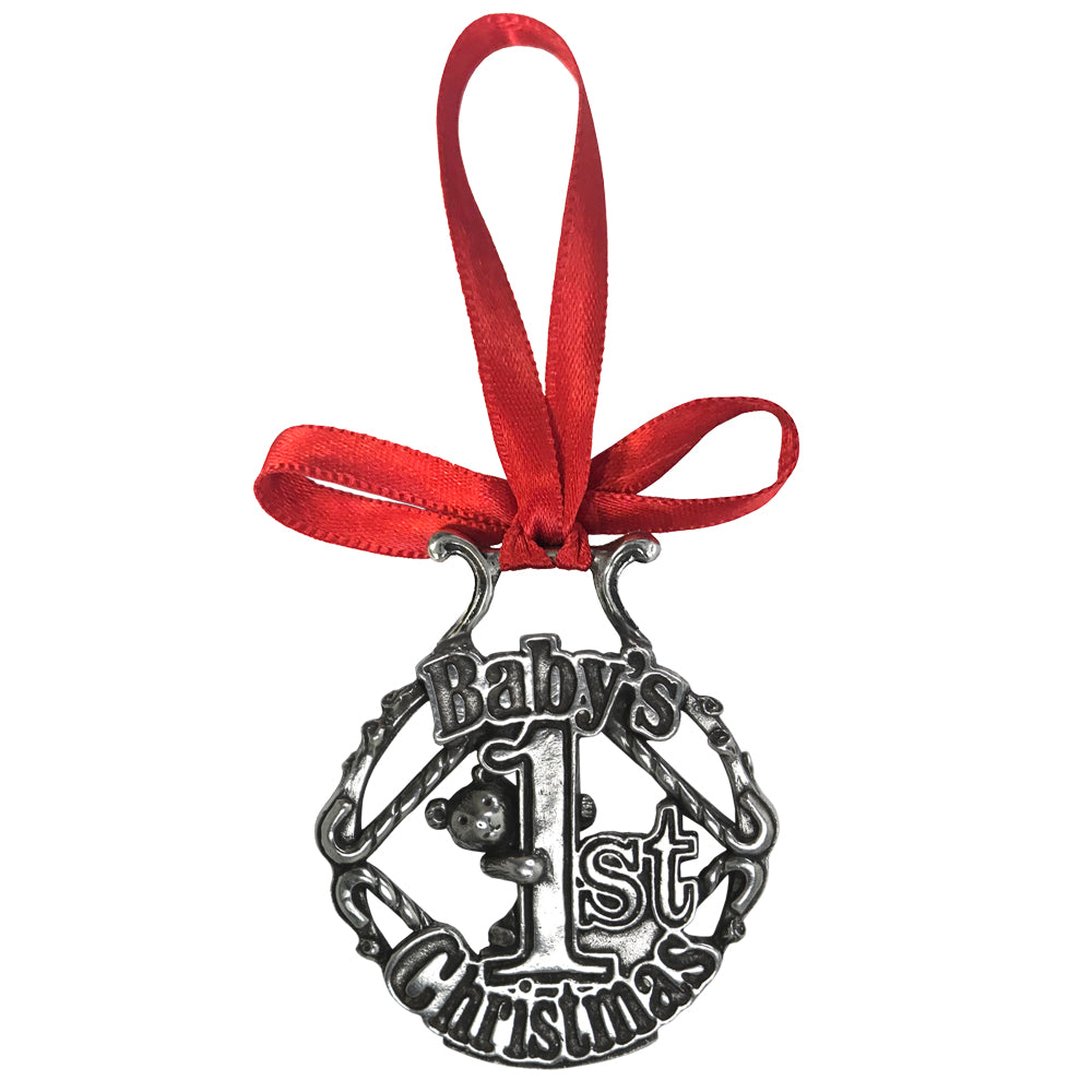 Decorazione con ghiera per il primo albero di Natale del bambino in peltro