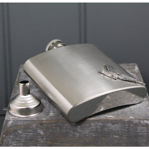 6oz Stainless Steel Hip Flask With Pewter Pheasant Emblem
