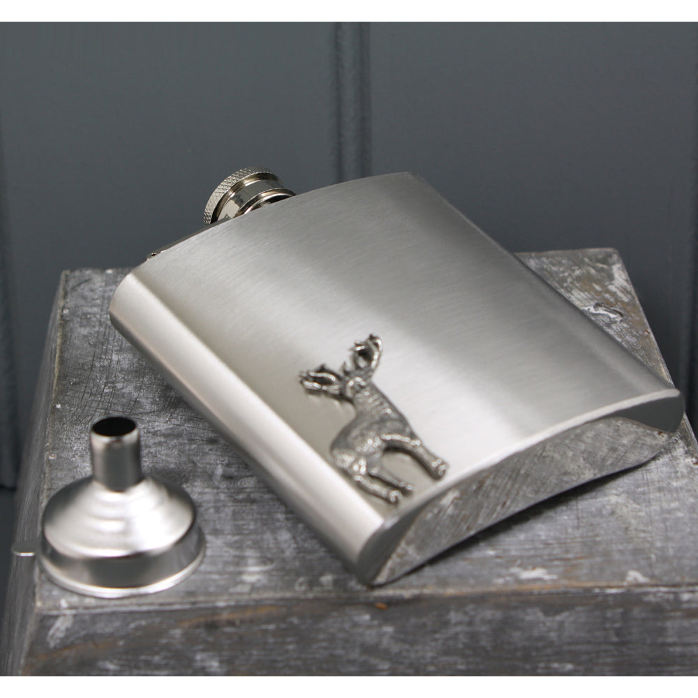 6oz Stainless Steel Hip Flask With Pewter Stag Emblem