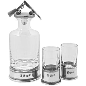 Set di mini-decanter in peltro e cristallo con bicchieri per il tiro al bersaglio