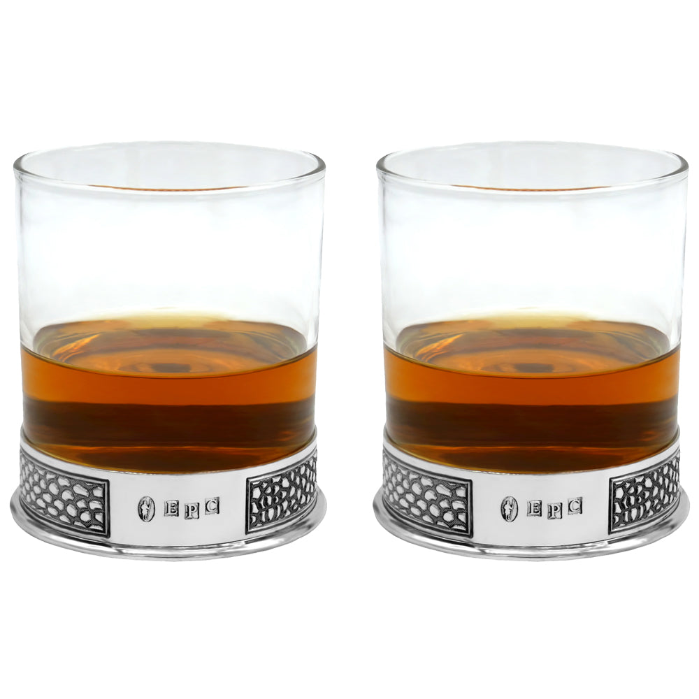Set di 2 bicchieri di vetro per whisky in peltro martellato in Set di 2 bicchieri di vetro per whisky in peltro martellato in