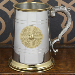 1 Pint Pewter and Brass Beer Mug Tankard with Brass Celtic Badge