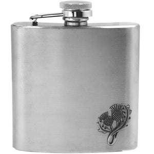 6oz Stainless Steel Hip Flask With Pewter Scottish Thistle Emblem