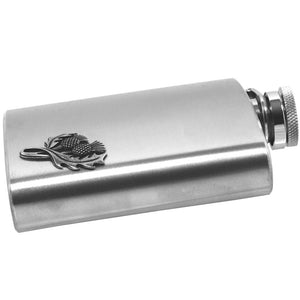 6oz Stainless Steel Hip Flask With Pewter Scottish Thistle Emblem