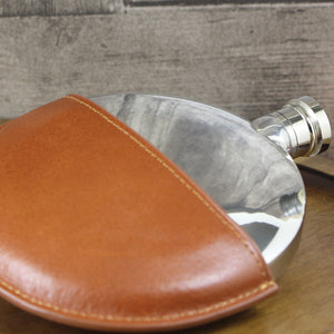 Ellipse Pewter Hip Flask with Leather Pouch