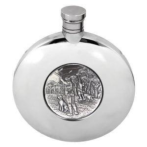 Ellipse Pewter Hip Flask with Hunting Shooting Badge