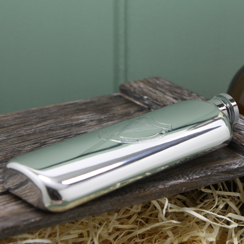 3oz Slimline Pewter Hip Flask with Irish Harp Design