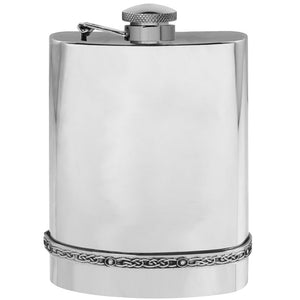 6oz Pewter Hip Flask with Intricate Celtic Band and Hinged Captive Top