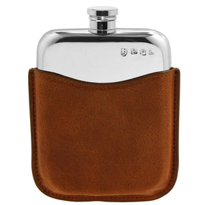6oz Pewter Hip Flask with Genuine Tan Leather Pouch