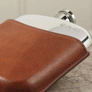 6oz Pewter Hip Flask with Genuine Tan Leather Pouch