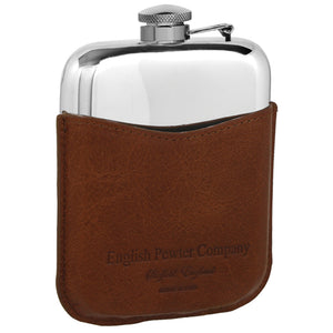 6oz Pewter Hip Flask with Hinged Captive Top & Genuine Tan Leather