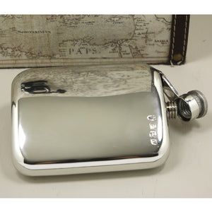 6oz Pewter Hip Flask with Hinged Captive Top & Genuine Tan Leather Pouch