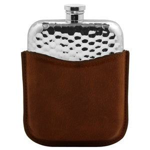 6oz Hammered Pewter Hip Flask with Genuine Tan Leather Pouch