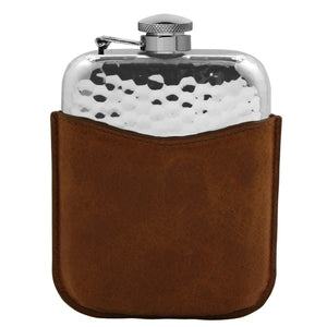 6oz Hammered Design Captive Top Pewter Hip Flask with Tan Leather Pouch