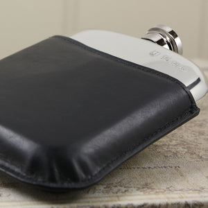 6oz Pewter Hip Flask with Genuine Black Leather Pouch