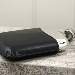 6oz Pewter Hip Flask with Hinged Captive Top & Genuine Black Leather Pouch