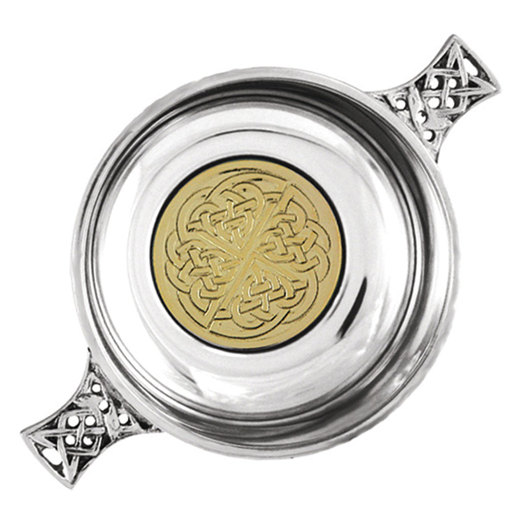 3.5 Inch Celtic Knot Handle Pewter Quaich Bowl con Badge in ottone