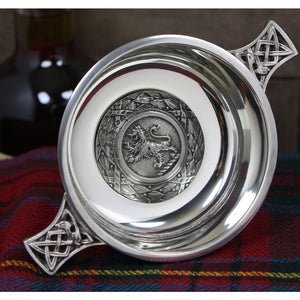 3.5 Inch Celtic Knot Handle Pewter Quaich Bowl with Scottish Rampant Lion Badge