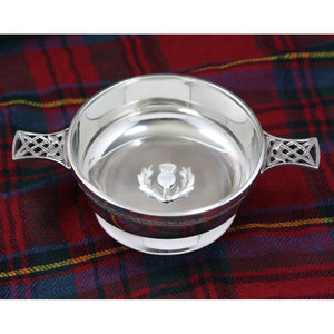 4.5 Inch Celtic Knot Handle Pewter Quaich Bowl with Scottish Thistle Badge