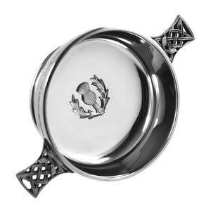 4 Inch Celtic Knot Handle Pewter Quaich Bowl with Scottish Thistle Badge