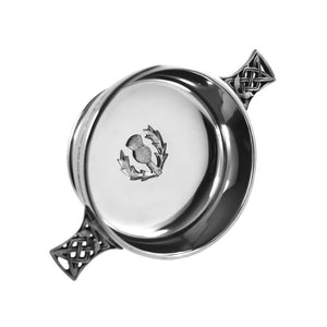 3 pollici Celtic Knot Handle Pewter Quaich Bowl con Scottish Thistle Badge
