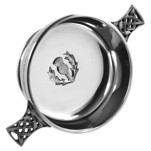 5 pollici Celtic Knot Handle Pewter Quaich Bowl con Scottish Thistle Badge