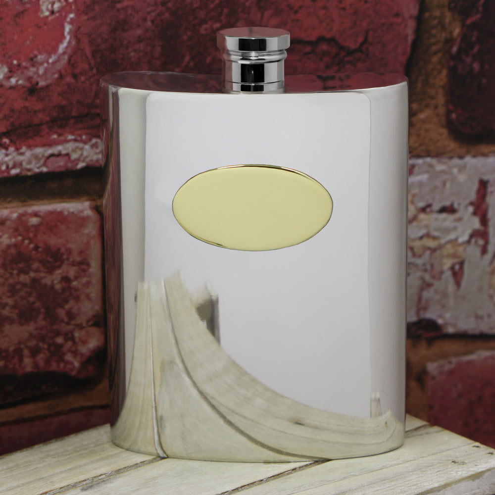 Flasque de poche 6oz en étain avec plaque en laiton