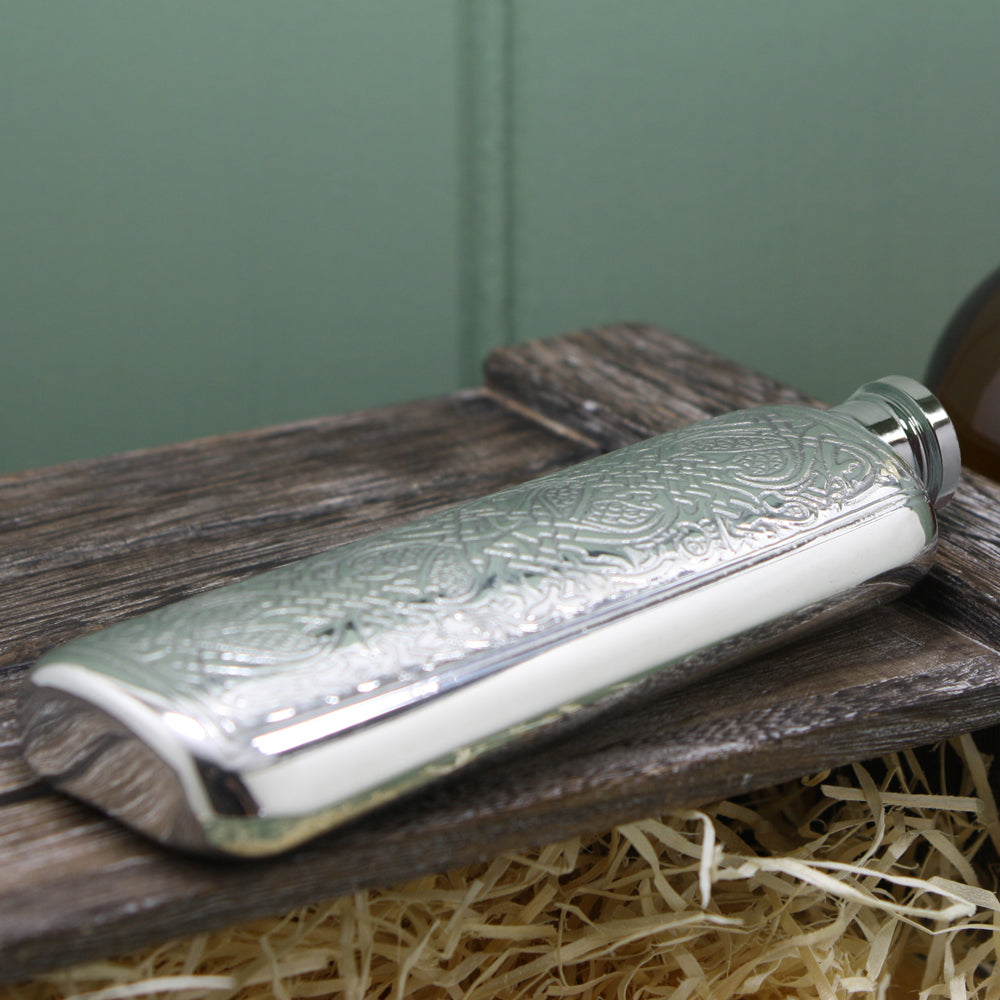 3oz Slimline Pewter Hip Flask with Intricate Celtic Design