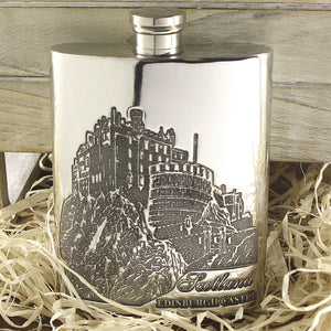 Flasque de poche 6oz en étain avec motif du château d'Édimbourg en Écosse