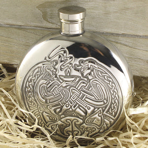 6oz Round Pewter Hip Flask with Intricate Celtic Design