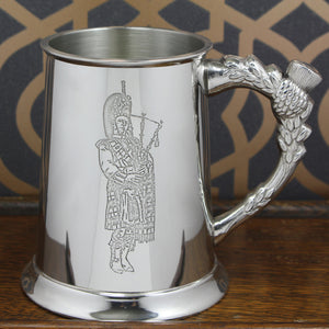 1 Pint Pewter Beer Mug Tankard with Embossed Scottish Piper Design