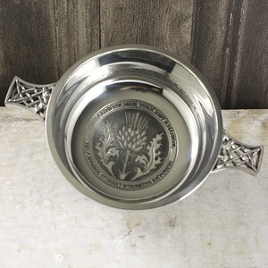 3.5 Inch Celtic Knot Handle Pewter Quaich Bowl with Tae A Thistle Design