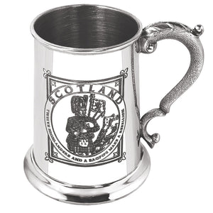 1 Pint Pewter Beer Mug Tankard with Highland Piper Design