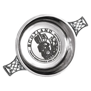 3.5 Inch Celtic Knot Handle Pewter Quaich Bowl with Highland Piper Design